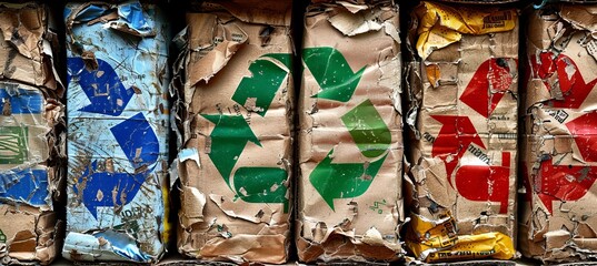 Paper and cardboard with recycling symbol on neutral background for sustainability concept.