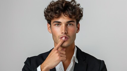 Business man, mockup and finger on lips in studio, white background