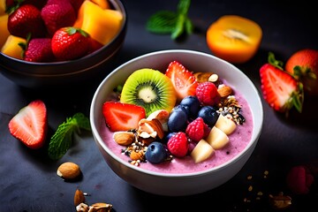 smoothie bowls garnished with vibrant fresh fruits and an assortment of nuts