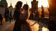 Lifestyle portrait of Medieval young couple showing love at sunrise in Prague city in Czech Republic in Europe.