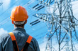 © tiena - A male electrical engineer in a hard hat stands next to a high-voltage line, viewed from the back. AI generative