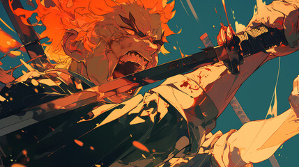 Wall Mural - angry flame haired anime man screaming while holding katana
