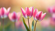 Wiosenne kwiaty, różowe Tulipany na jasnym tle. Tapeta, dekoracja. Generative AI