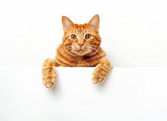 Cute ginger cat laying down holding white banner, copy space for the ad or discount banner