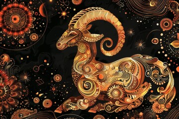 Wall Mural - Elegant golden capricorn zodiac sign shining on black background in detailed vector style