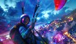 female paragliding suspended in mid-air, soaring gracefully above a picturesque neon landscape 