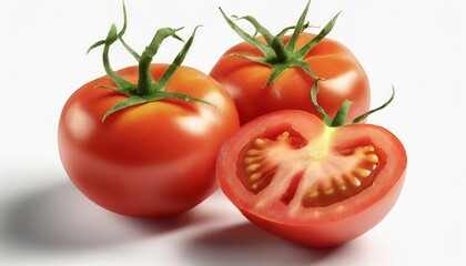 Wall Mural - tomato vegetables isolated on white or transparent background three fresh tomatoes whole and cut wedge