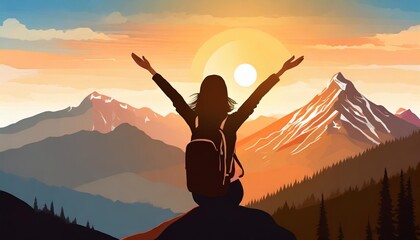freedom and adventure of travel silhouette of a person raising their hands in prayer at the mountain peak with the sun setting in the sky generative