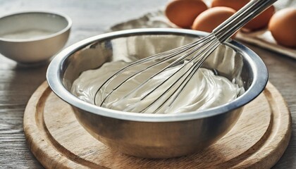 Wall Mural - metal bowl with whisk for preparation of whipped cream homemade sour cream or hand cream pure creamy background