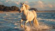 noble white horse with a long mane is galloping on the beach
