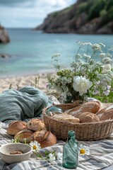 picnic on a beach blanket with a basket, bread, bouquet and bottle