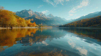  A serene autumn landscape featuring a crystal clear lake reflecting the vibrant colors of fall foliage with majestic mountains in the background under a blue sky.