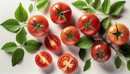 Wall Mural - tomatoes collection of whole sliced and leaf isolated on white background tasty and healthy food flat lay top view