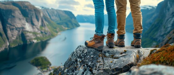 Wall Mural - Mountains view lake river fjord - Hiking hiker traveler couple landscape adventure nature sport background panorama - Feet with hiking shoes from a woman standing resting on top of a high hill or rock