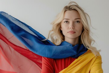 Confident blonde woman wearing the Romanian flag