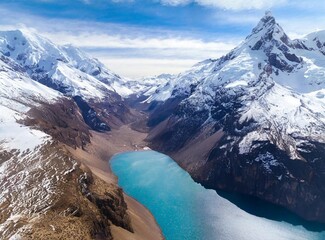 Sticker - Aerial Panoramic View Of The Snowing Mountains Surrounding Laguna Del Inca, Chile.