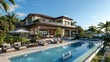 A lavish villa featuring a swimming pool against the backdrop of green area and ocean