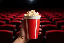 A Person Is Holding A Cup Of Popcorn In Front Of An Empty Theater. Generative AI