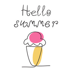 Sticker - Hello summer. Ice cream. Vector illustration. One line art design on white background.
