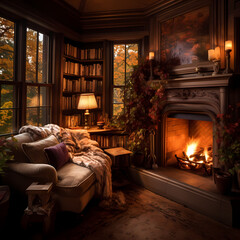 Sticker - A cozy reading corner with a fireplace.