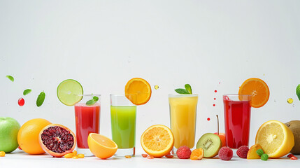 Dive into a world of freshness with an enticing 8K HD photograph featuring colorful glasses of fruity juices against a pristine white backdrop