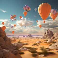 Poster - A surreal desert landscape with floating balloons.