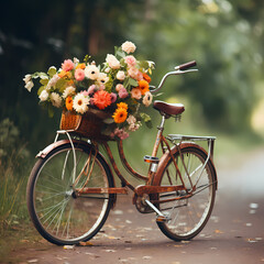 Poster - A vintage bicycle with a basket of flowers.