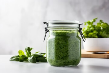 Glass jar of pesto sauce on modern light grey concrete background, ideal for culinary concepts.