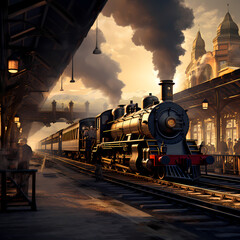 Canvas Print - A vintage train station with steam locomotives.