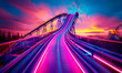 Dynamic roller coaster tracks glowing with neon lights under a vibrant sunset sky, symbolizing excitement, speed, and thrilling amusement park adventures
