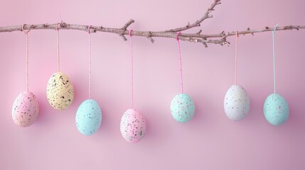 Wall Mural - Happy Easter holiday celebration feast holiday traditional spring decoration banner greeting card - Hanging pastel painted easter eggs on a branch, pink wall texture background
