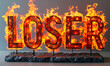 Bold text LOSER in fiery 3D letters on a clean white background, symbolizing defeat, failure, or low self-esteem in a stark, impactful visual metaphor