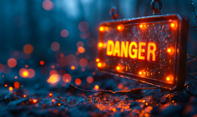 Wall Mural - Illuminated DANGER sign with a glowing, scattered pixel effect on a dark blue background, conveying a warning or critical alert with a digital theme