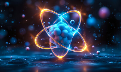 A glowing, detailed illustration of an atom with orbiting electrons, symbolizing the building blocks of matter and the fundamental principles of science