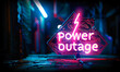 Retro-styled neon warning sign displaying Power Outage with a lightning bolt, symbolizing electricity failure in a digital glitch art format