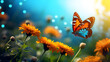 Beautiful butterfly in nature, Summer meadow with daisies and butterfly. Nature background.
