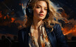 Beautiful blonde woman is wearing headphones and listening to music on her headphones. She is wearing jacket and scarf and is looking at the camera.