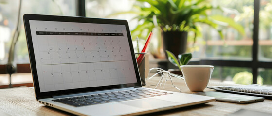 Organized workspace featuring a calendar on a laptop screen and homely decor.