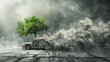 A digital illustration depicts a car's emissions as a tree growing from its exhaust, representing the carbon cycle.
