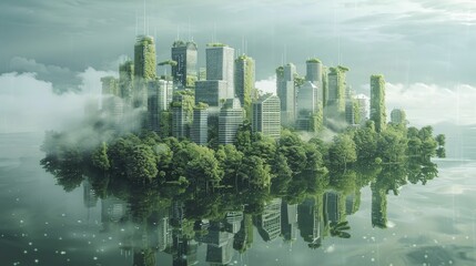 Wall Mural - A city's digital image with water and tree-built structures showcases sustainable urban growth.