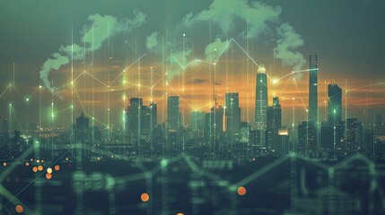 Wall Mural - A digital graphic of a graph showing rising global CO2 levels against a backdrop of major city silhouettes.