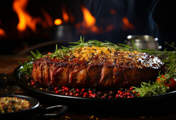 Wall Mural - Beef steak on background of fire