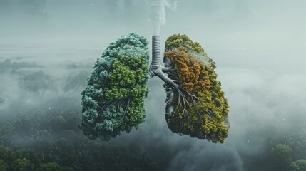 Poster - A digital illustration depicts lungs with trees and smog, revealing how carbon emissions affect health.