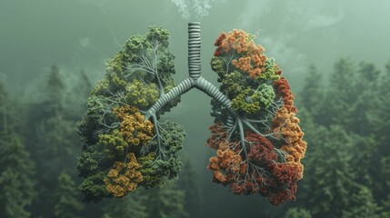 Poster - A visualization featuring lungs with trees and smog highlights carbon emissions' health effects.