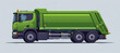 Green garbage truck, Garbage disposal concept, grey background