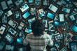 © patrapee5413 - a person surrounded by multiple digital devices, scrolling endlessly through social media feeds with a glazed expression