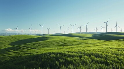 Poster - A digital graphic of a series of wind turbines in a lush green field under a clear blue sky, symbolizing clean energy.