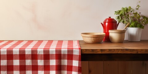 Wall Mural - Wooden stand with tablecloth on kitchen table