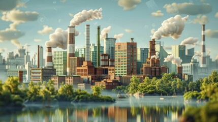 Sticker - A digital visualization depicts an industrial area shifting to eco-friendly power, showcasing reduced carbon emissions data.