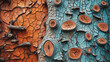 The image shows the texture of the tree's bark with distinct orange and blue hues. The structure of the bark is decorated with patterns created by cracks and imprints from cut branches